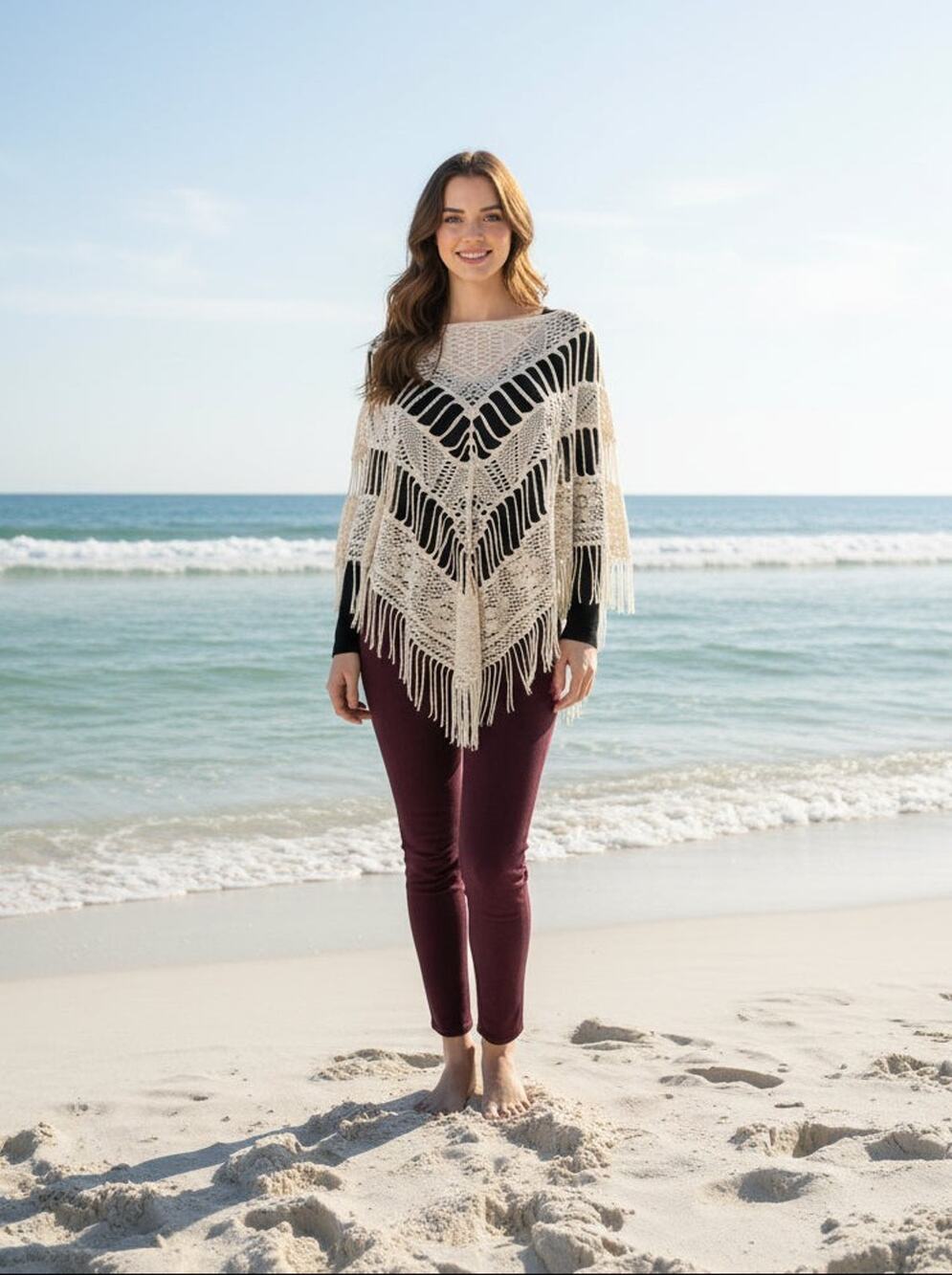 💐 Cream and Gold Fringe Poncho One Size 💐